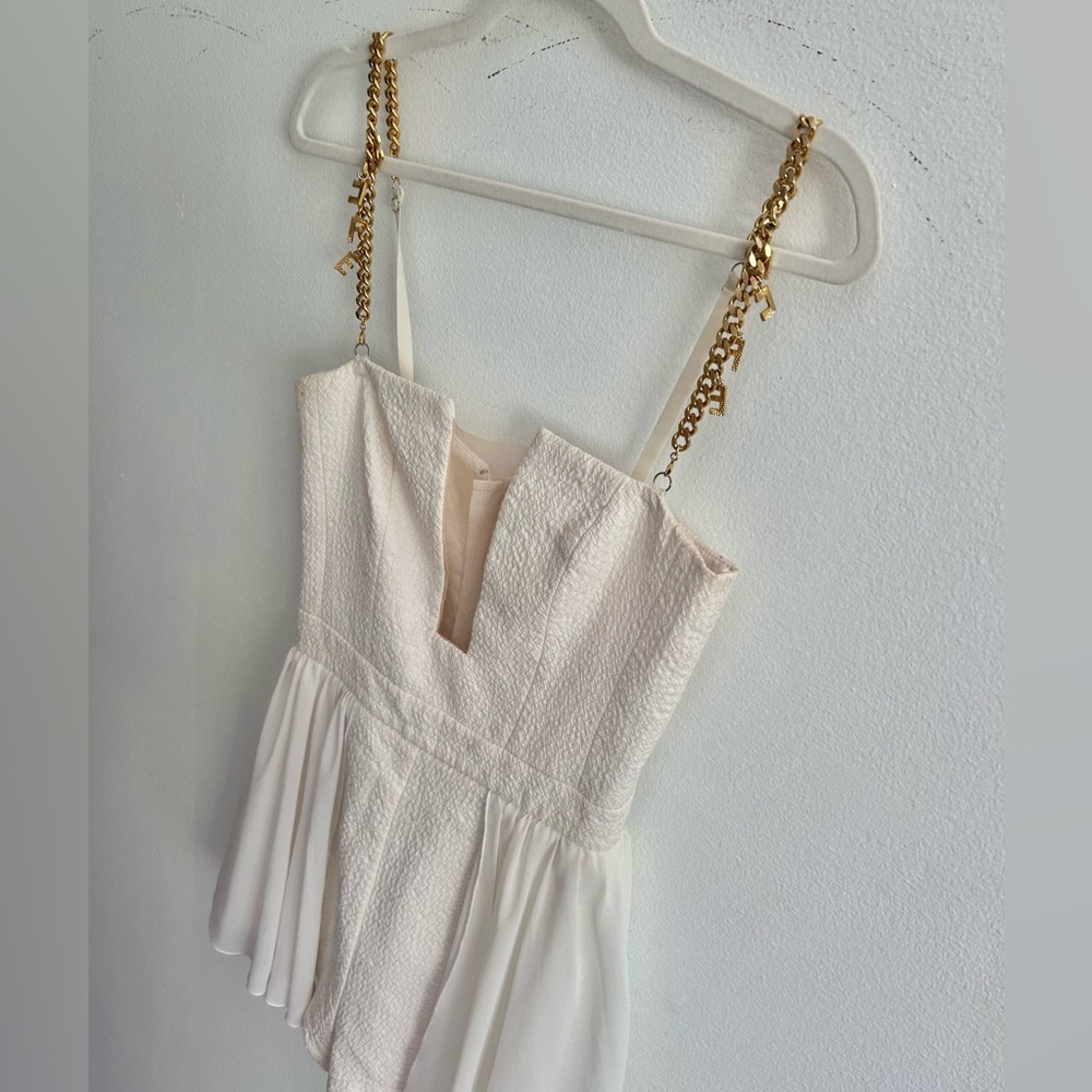 Ivory Textured Peplum Dress with Gold Chain Straps